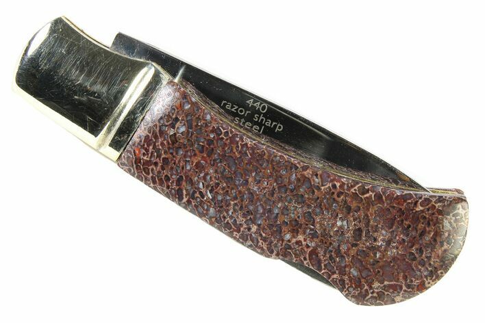 Pocket Knife With Fossil Dinosaur Bone (Gembone) Inlays #337591